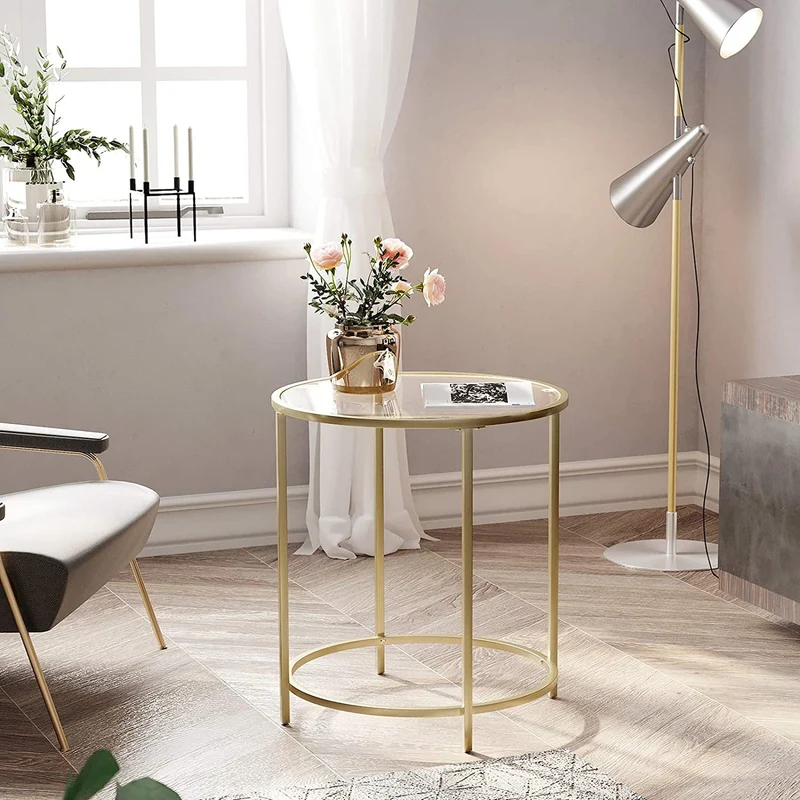 Vasagle Round Side Table Glass End Table with Metal Frame for Living Room,Gold