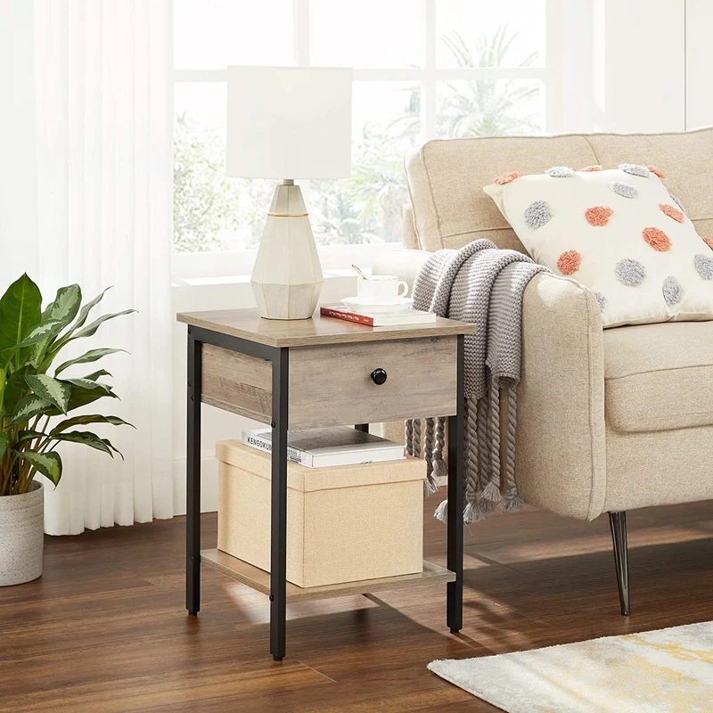 Vasagle Side Table with Drawer and Shelf, Greige and Black