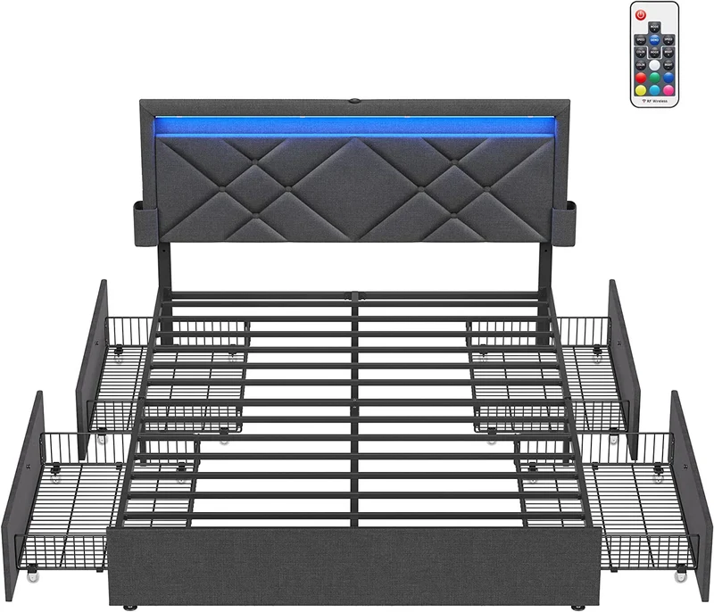 VASAGLE LED Bed Frame Full Size with Headboard and 4 Drawers Adjustable Upholstered Headboard,Gray
