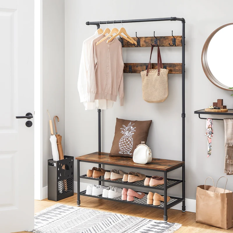 Vasagle Hall Tree with Coat Rack and Shoe Bench, with 9 Hooks, for Entryway, Rustic Brown