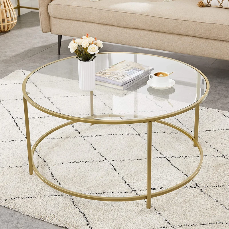 VASAGLE Round Coffee Table, Glass Table for living room, Gold