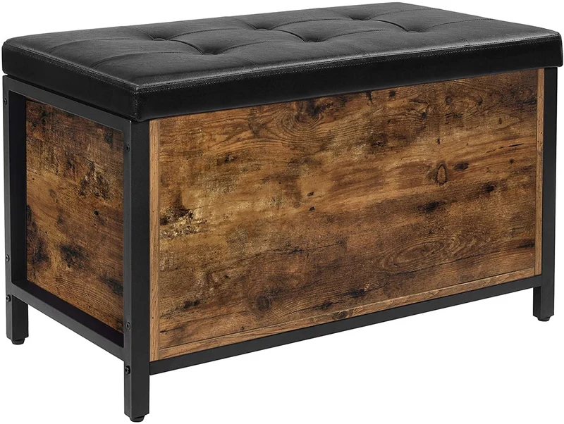 VASAGLE Entryway Storage Bench with Padded Seat, Rustic Brown and Black
