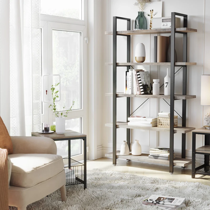 VASAGLE Industrial Bookshelf, 5-Tier Bookcase, Ladder Shelf, Greige and Black