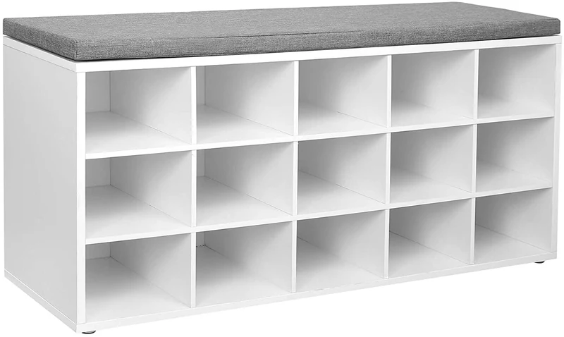VASAGLE Shoe Rack Bench with Cushion 15 Compartments Shoe Storage Bench for Entryway White