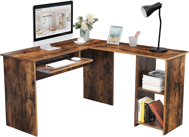 VASAGLE L-Shaped Desktop Stand Corner Table with 2 Shelves 55.1''L x 47.2''W x 29.5''H Rustic Brown