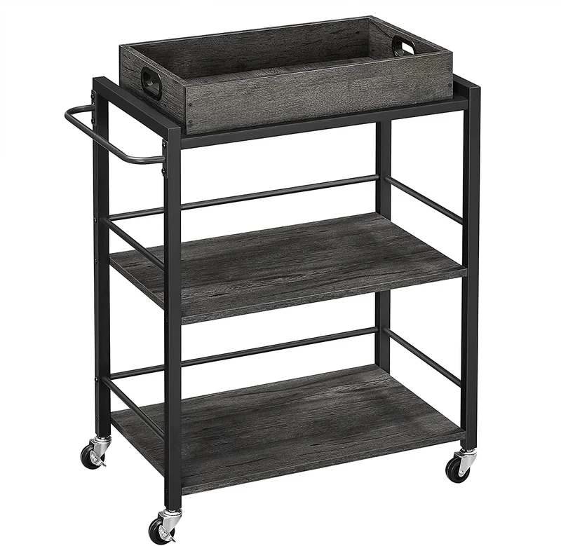 VASAGLE Bar Cart, Kitchen Serving Cart, Charcoal Gray and Black