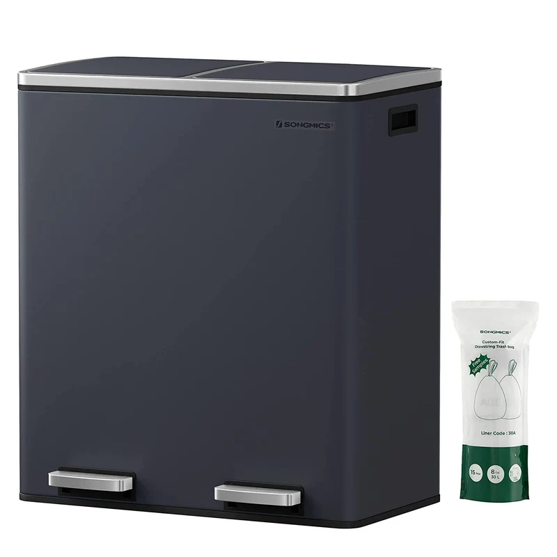 SONGMICS Trash Can, 2 x 8-Gallon Garbage Can for Kitchen, with 15 Trash Bags, 2 Compartments, Gray