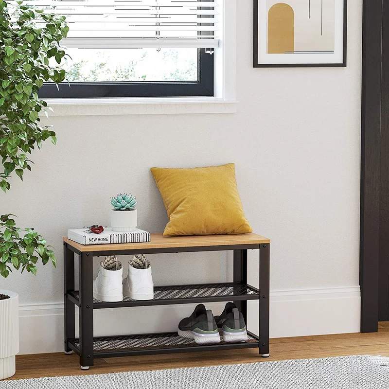 VASAGLE 28.7 3-Tier Shoe Rack Bench Long Storage Shelves for Honey Brown and Black