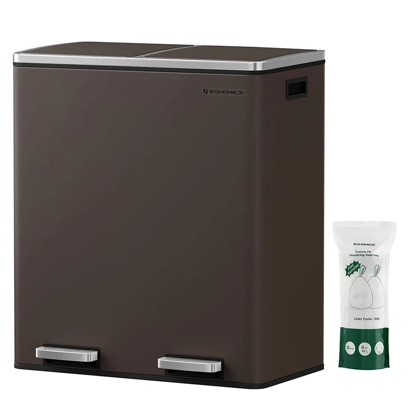 SONGMICS Trash Can, 2 x 8-Gallon Garbage Can for Kitchen, with 15 Trash Bags, 2 Compartments, Brown