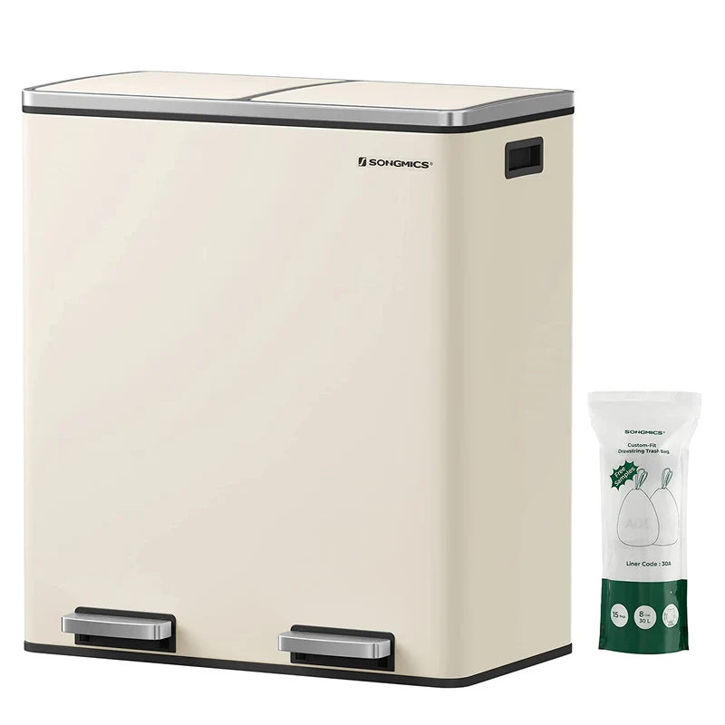 SONGMICS Trash Can, 2 x 8-Gallon Garbage Can for Kitchen, with 15 Trash Bags, 2 Compartments, Almond Color