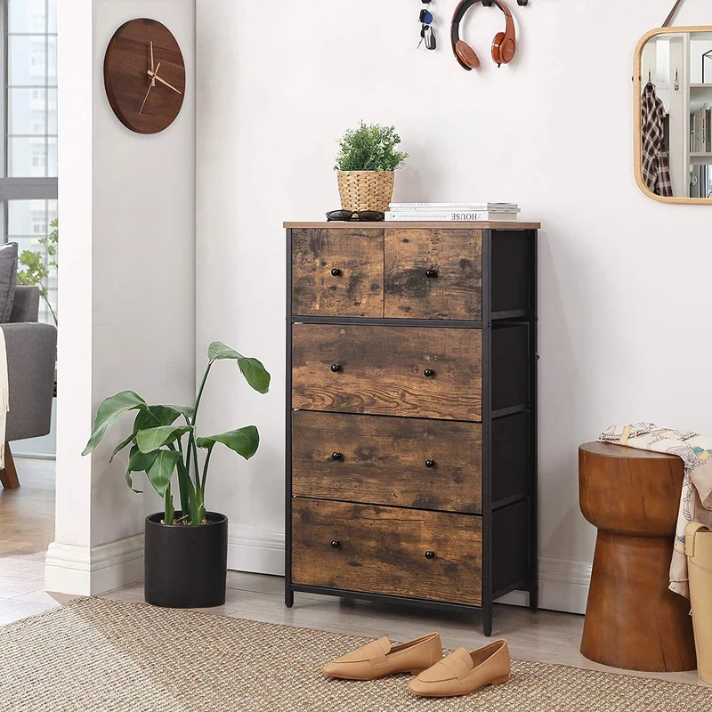 SONGMICS Storage Dresser Tower with 5 Fabric Drawers, Rustic Brown and Black