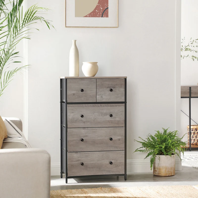 SONGMICS Storage Dresser Tower with 5 Drawers, for Living Room, Greige, Black