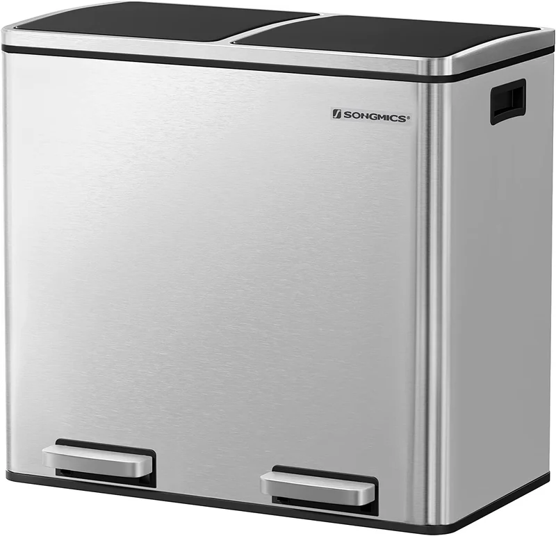 SONGMICS Trash Can, 2 x 6.3-Gallon (2 x 24L) Dual Garbage Can, Pedal Recycle Bin for Small Kitchens, Silver