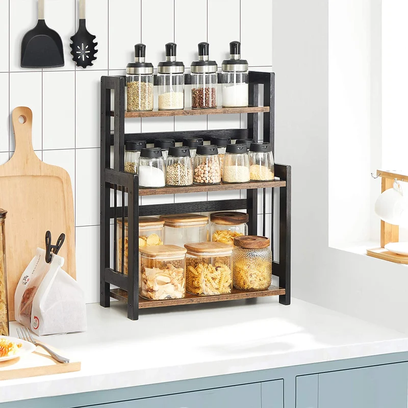 SONGMICS Spice Rack, 3-Tier Counter Shelf, Rustic Brown and Black