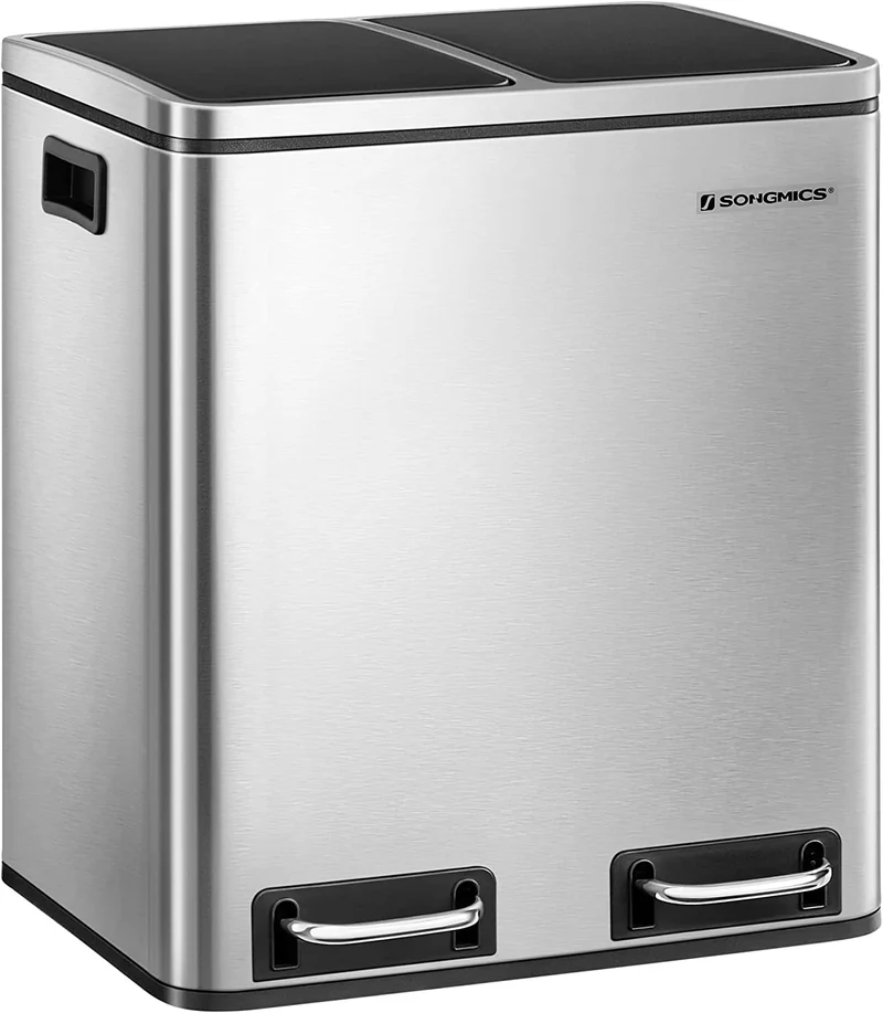 SONGMICS Trash Can, 2 x 4-Gallon Dual Compartment Garbage Can, 8 Gallon Recycle Bin for Small Kitchens, Silver