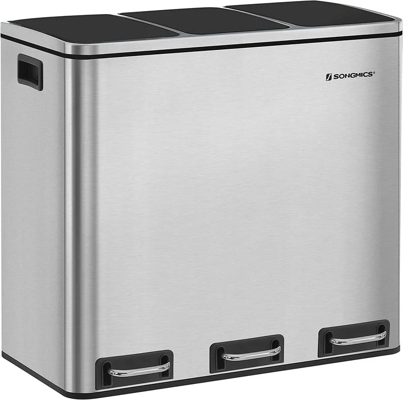 SONGMICS Trash Can, 3 x 4.8-Gallon Recycling Garbage Can, Silver and Black