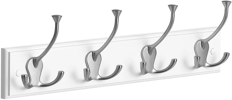 SONGMICS Wall-Mounted Coat Rack, Hook Rack with 4 Tri-Hooks, White