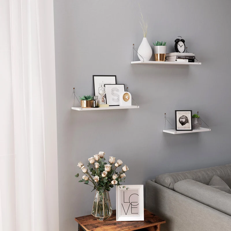 Songmics Wall Shelves, Floating Shelf 3-Set, for Living Room Kitchen, White