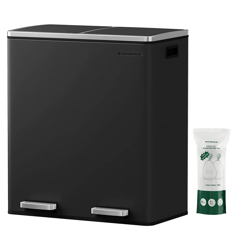 SONGMICS Trash Can, 2 x 8-Gallon Garbage Can for Kitchen, with 15 Trash Bags, 2 Compartments, Black