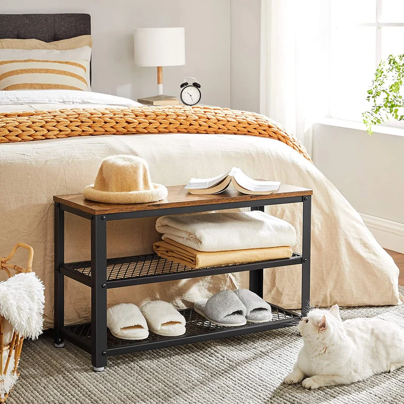 VASAGLE 28.7a€?Shoe Rack Bench 3-Tier Shoe Shelf Storage Bench with Metal Mesh Shelves and Seat Shoe Rack Brown