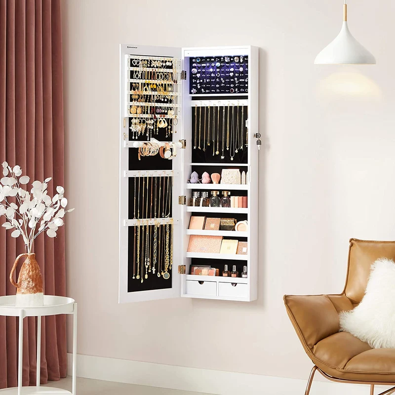SONGMICS Mirror Jewelry Cabinet Armoire, 6 LEDs Jewelry Organizer, Pure White