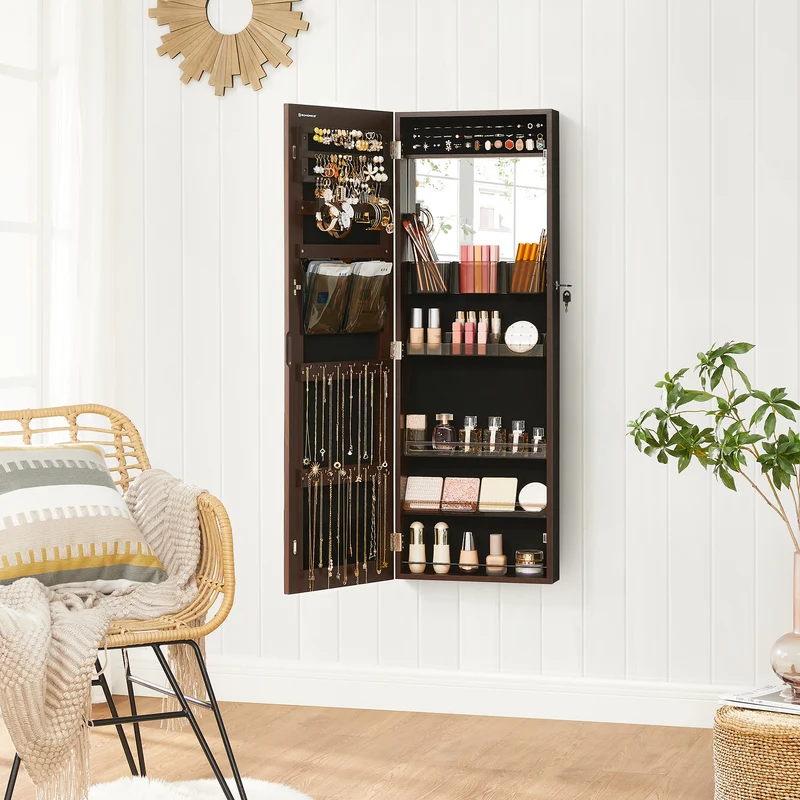 SONGMICS Lockable Jewelry Cabinet Armoire, with Full-Length Frameless Mirror, Brown
