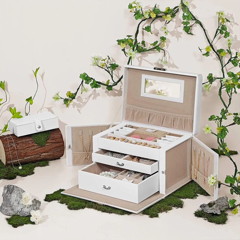 SONGMICS Jewelry Organizer with 2 Drawers, Lockable Portable Travel Case, Gift,White
