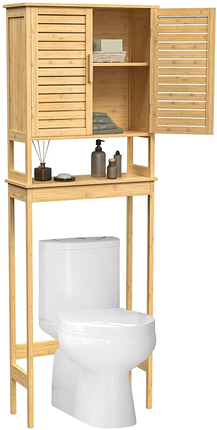 SONGMICS Over-The-Toilet Storage, Bathroom Cabinet with Adjustable Inside Shelf and Bottom Stabilizer Bar, Natural