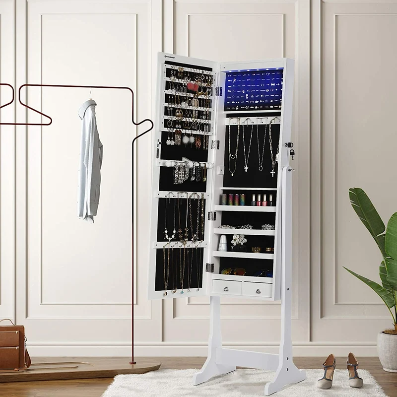 SONGMICS Jewelry Cabinet Armoire, Lockable Standing Jewelry Organizer with 6 LEDs, 2 Drawers, 3 Angel Adjustable, Glossy Pure White