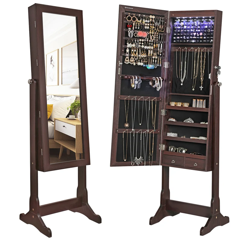 SONGMICS Lockable Jewelry Cabinet with 6 LED Lights and 2 Drawers, Brown