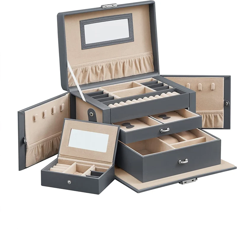 SONGMICS Jewelry Box, Jewelry Organizer Case Lockable with Mirror, Portable Travel Case, Gray