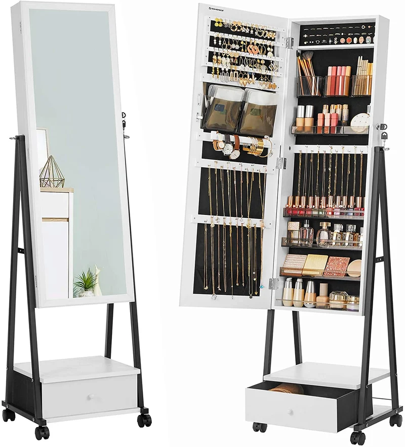 SONGMICS Jewelry Armoire Floor Standing, Lockable Jewelry Organizer with Wheels, High Full-Length Mirror, Bottom Drawer, Shelf, Distressed White and Black