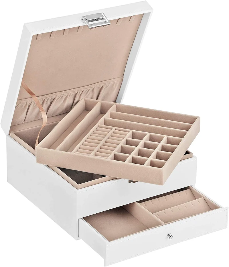 SONGMICS Jewelry Box, 3 Layers Jewelry Organizer with Removable Tray, White