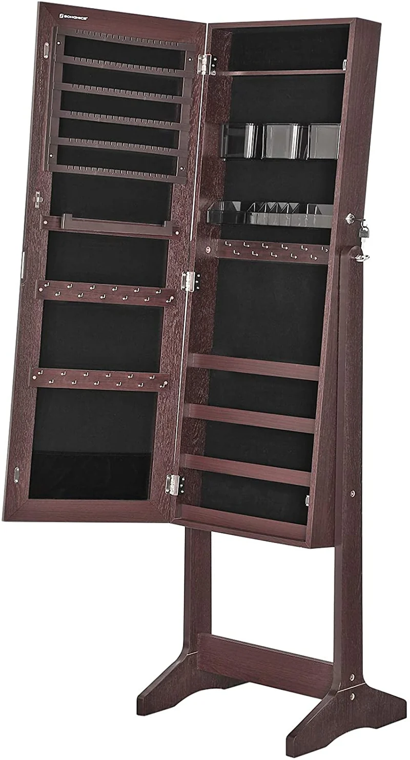 SONGMICS Mirrored Jewelry Cabinet Armoire Freestanding Lockable Storage Box Organizer Brown