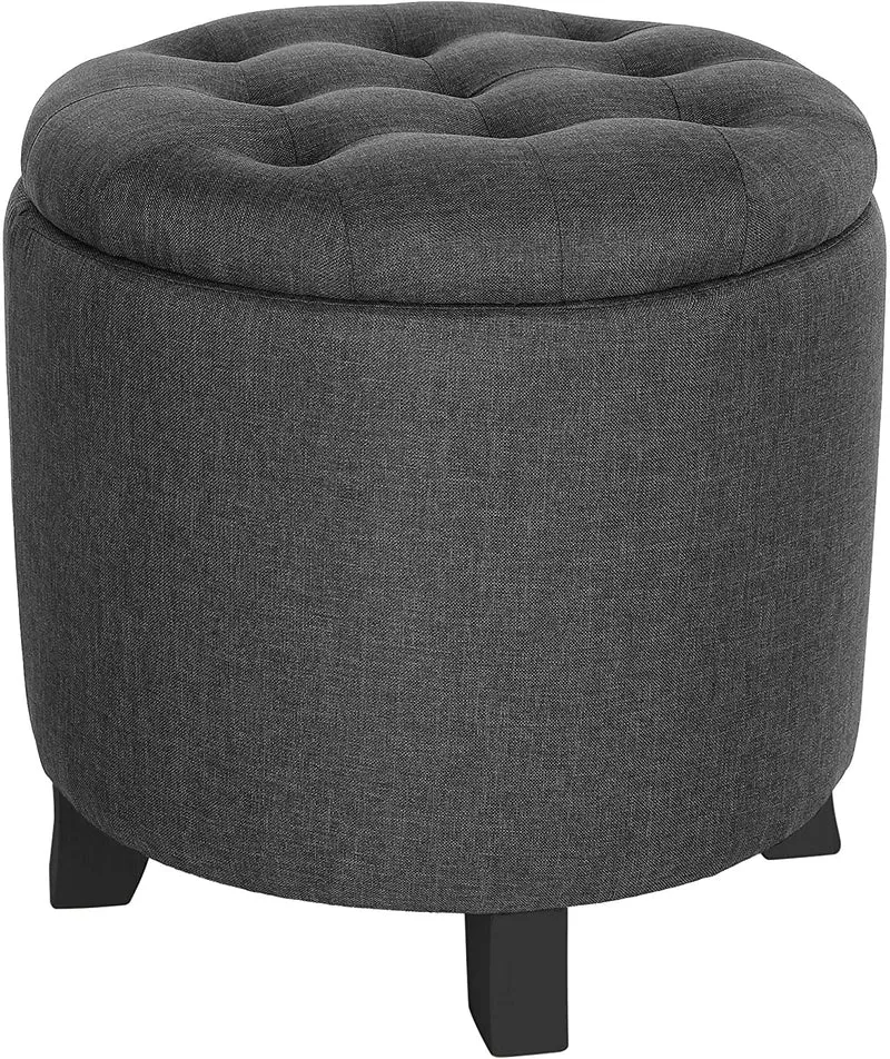 Songmics Round Storage Ottoman, Footstool with Wood Legs, 17.7, Dark Gray