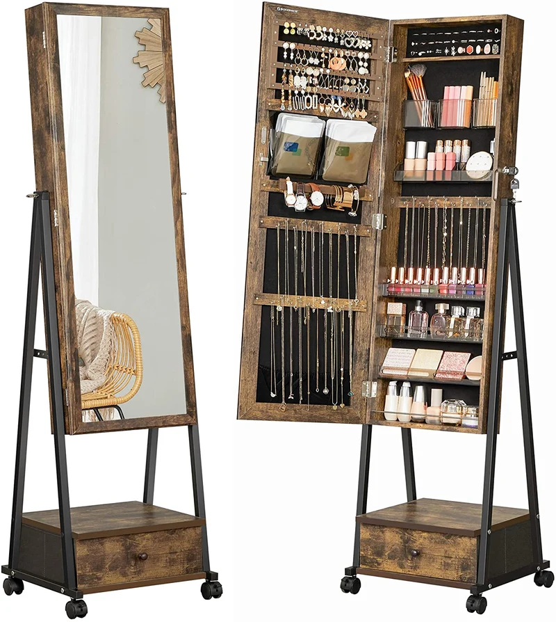 SONGMICS Jewelry Cabinet Floor Standing, Lockable Jewelry Organizer with Wheels, High Full-Length Mirror, Bottom Drawer, Shelf, Rustic Brown and Black