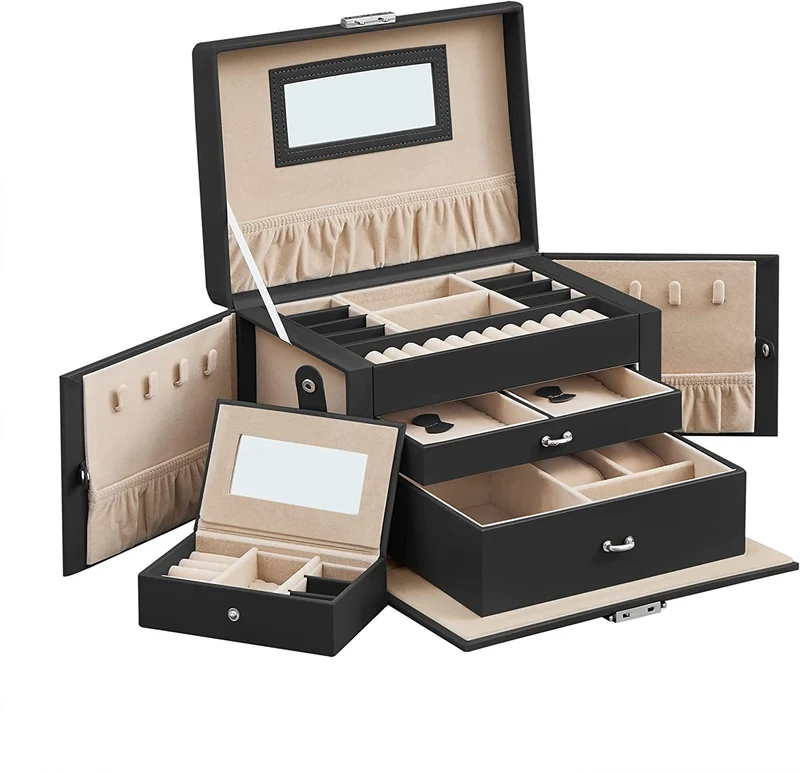 SONGMICS Jewelry Box, Jewelry Organizer Lockable with Mirror, 2 Drawers, Black