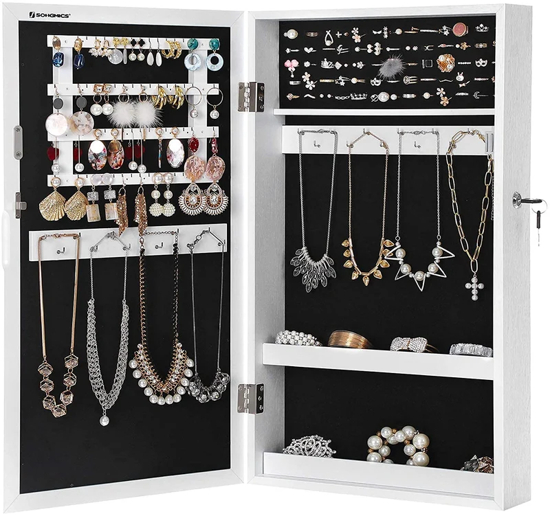 SONGMICS Lockable Jewelry Cabinet Armoire with Mirror, White