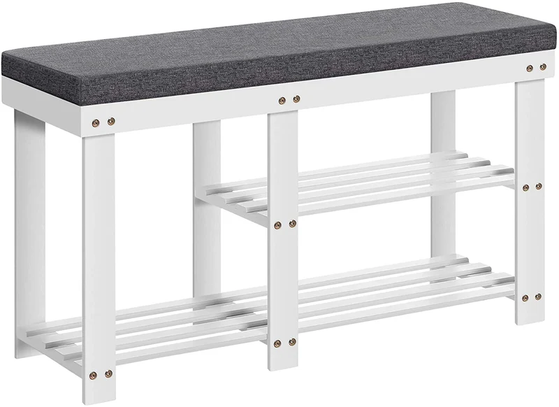 SONGMICS Padded Shoe Bench, for Boots in Hallway Entryway, White and Gray