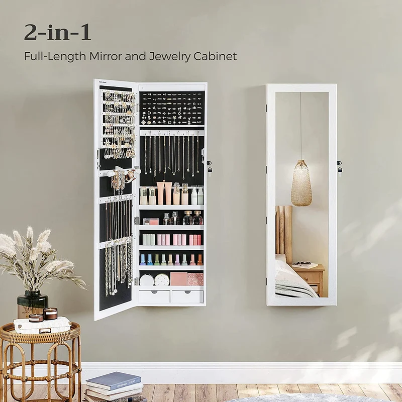SONGMICS Jewelry Armoire Organizer Lockable with 6 LEDs Mirror, 2 Drawers, Wall/Door Mounted, White