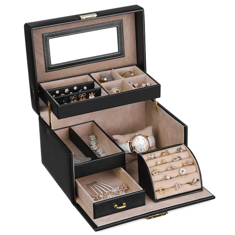 Songmics Jewelry Box, Organizer Storage Case, Built-in Mirror Ring Earring Necklace, Black
