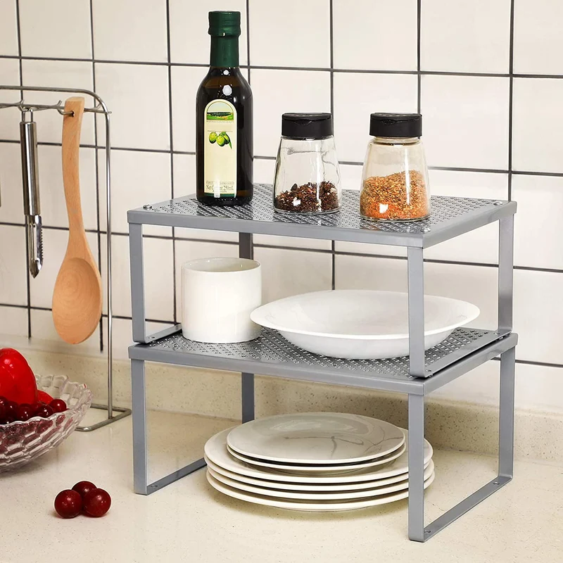 SONGMICS Cabinet Shelf Organizers, Set of 2 Kitchen Counter Shelves, Silver