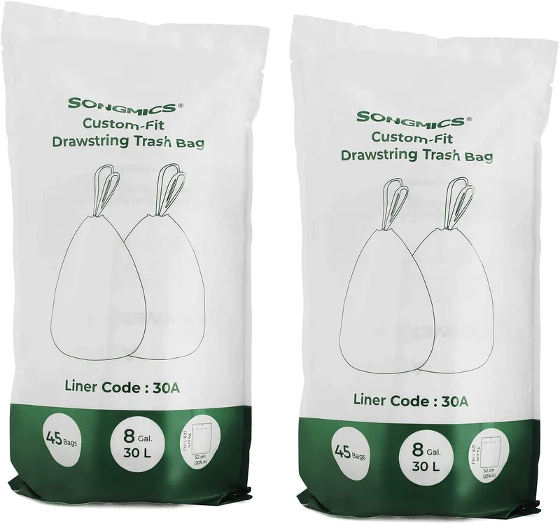 SONGMICS Drawstring Trash Bags, 2 Rolls, 90 Count, 8 Gallon Garbage Bags for 16 Gallon Dual Trash Can, White