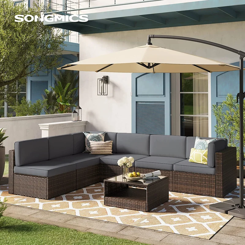 SONGMICS 7-Piece Patio Furniture Set Outdoor Sectional Sofa Couch Handwoven PE Wicker Rattan Patio Conversation Set with Cushions and Glass Table Brown and Gray