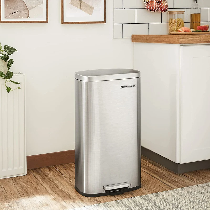 Songmics 8 Gallon Trash Can, Kitchen Trash Can, Stainless Steel Garbage Can, Recycling Rubbish Bin, Silver