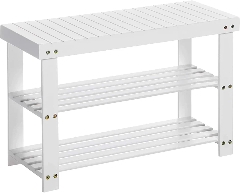 SONGMICS Bamboo Shoe Rack Bench 3-Tier Shoe Storage Organizer Stable 6 Pair of Entryway Bench White