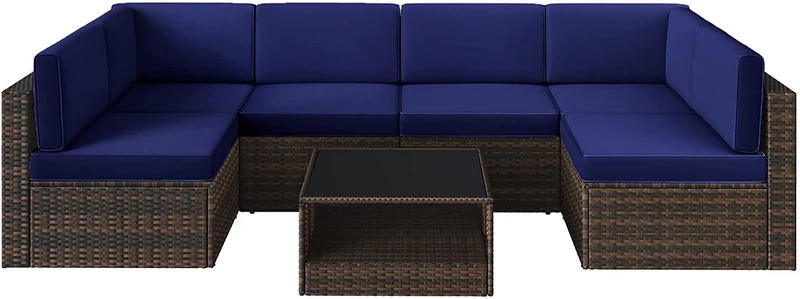 SONGMICS 7-Piece Patio Furniture Set Outdoor Sectional Sofa Couch Handwoven PE Wicker Rattan Patio Conversation Set with Cushions and Glass Table Navy Blue