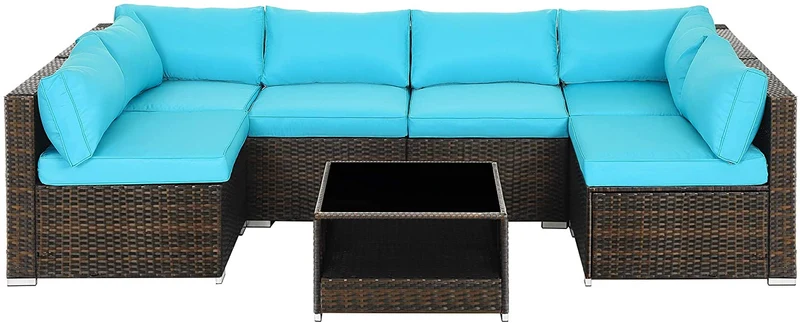 SONGMICS 7-Piece Patio Furniture Set, Brown and Lake Blue
