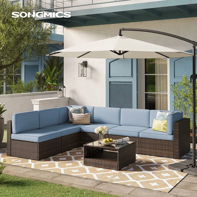 SONGMICS 7-Piece Patio Furniture Set Outdoor Sectional Sofa Couch Handwoven PE Wicker Rattan Patio Conversation Set with Cushions and Glass Table,Lake Blue