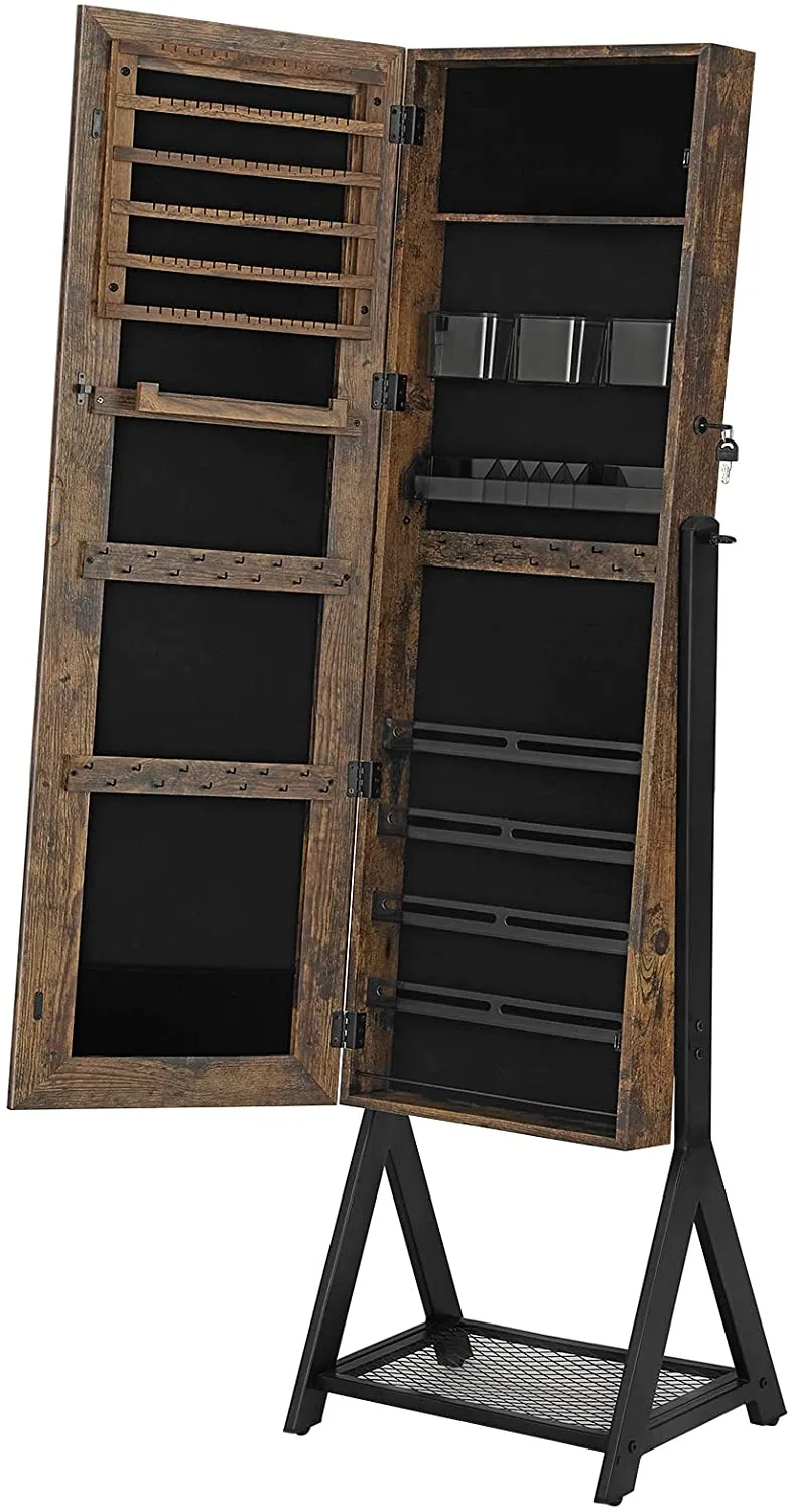 SONGMICS Freestanding 3-in-1 Mirror Jewelry Cabinet, Rustic Brown and Black